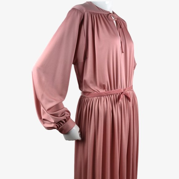 Vintage 1970s Rose Pink Slinky Maxi Dress Hostess Gown Grecian Drape Gathered M - Picture 8 of 14